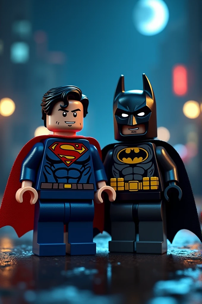 Superman and Batman in Lego art, at night.