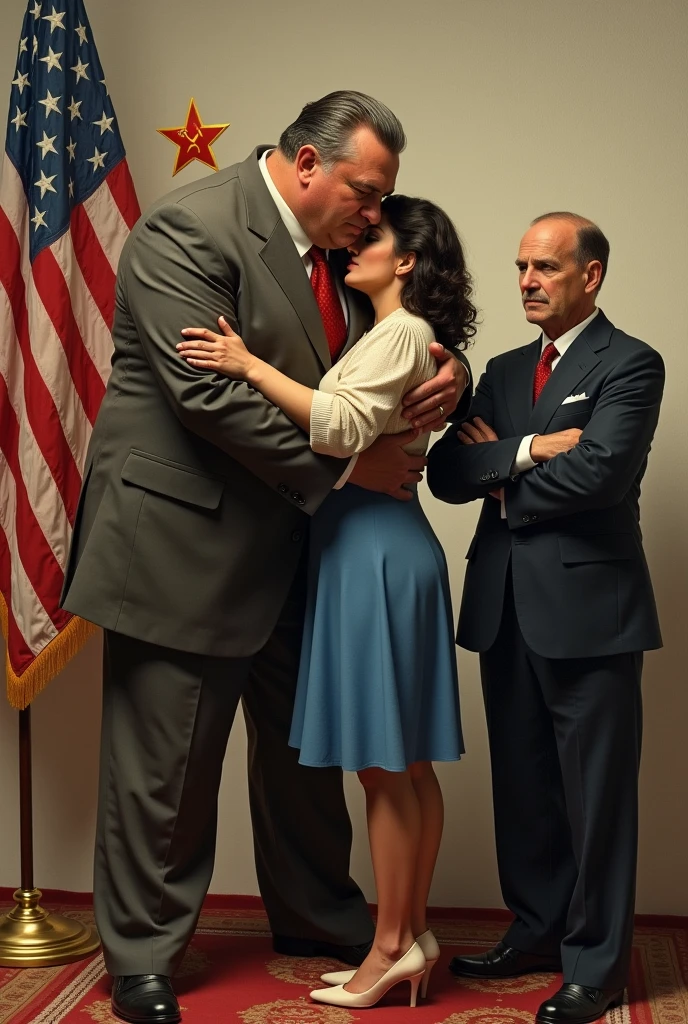 Soviet Union hugging a Cuban, while a man dressed as a United Statesman just looks on with his arms crossed.