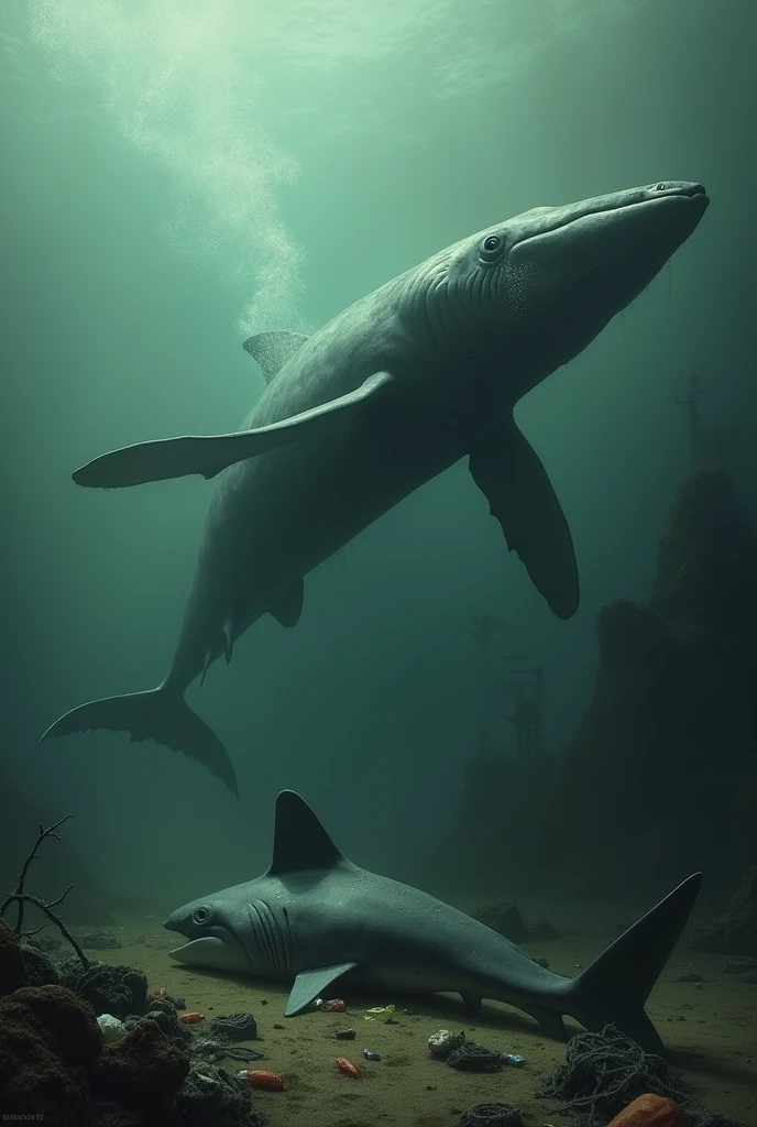 Create an image with a swimming whale and a dead shark in polluted waters