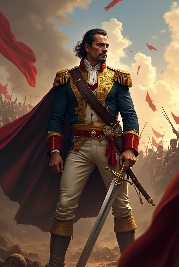 Create an image of Simon Bolivar with a sword and that he is fighting for a cover
