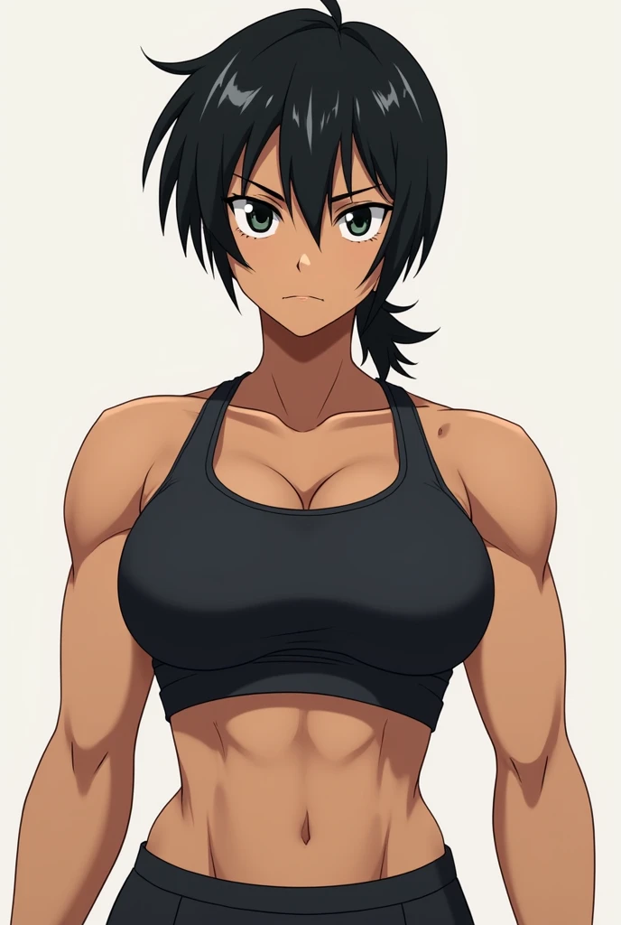 Tall, strong woman with light brown skin, black, short hair in gym top, serious (anime style)