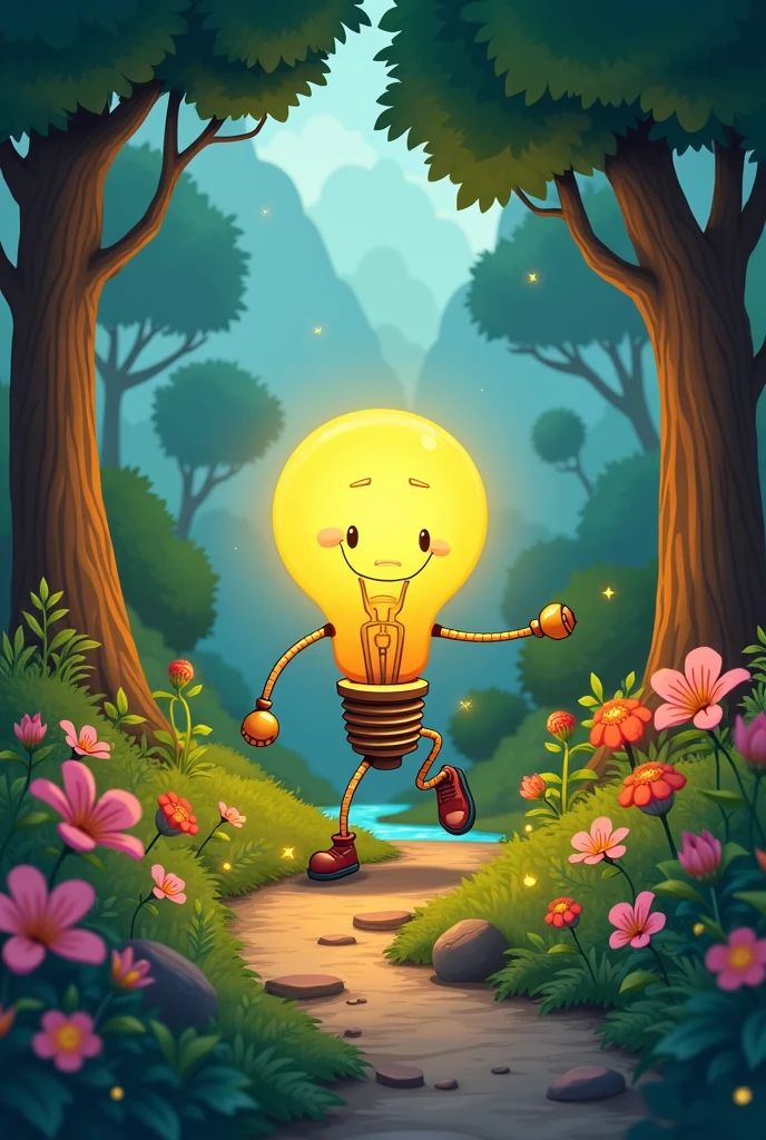 A cartoon light bulb with arms and legs, illuminating a path full of flowers and trees.
