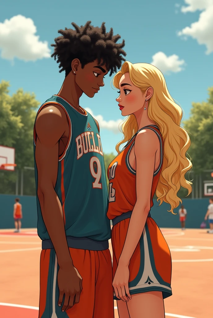 black male, Scrawny, curled hair, basketball outfit with blonde girlfriend
