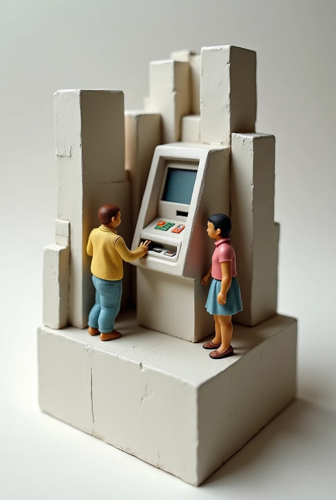 Create a stand about cubism, the main object of which is an ATM, which represents the people who send these remittances and those who receive them. Make it a stand of 2.5 cm 2.5 cm, Do something more symbolic to raise awareness and also show me another environment with the same theme., You can include other objects, not just the ATM, this stand does not show anything
