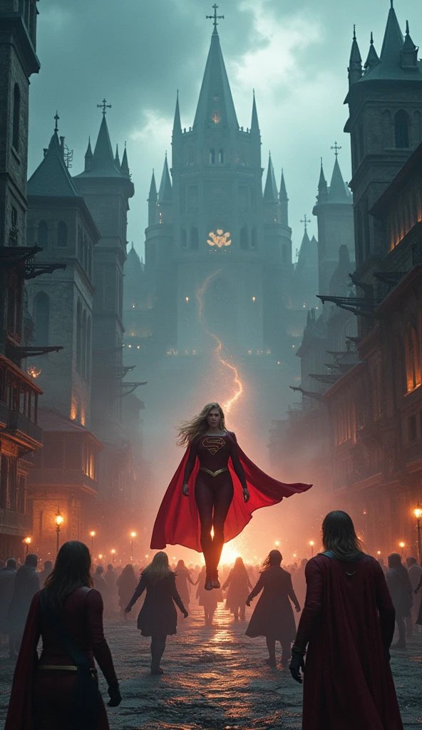 Supergirl, light bearer warriors, Medieval city, dark, Fight, amazing, war, Surrealism, 8k, Super Detail, war, Fight against demons, darkness, Horror, rain
