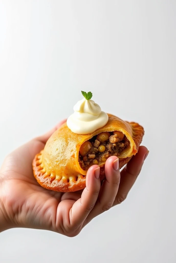 A hand holding a Venezuelan empanada with meat and garlic sauce with mayonnaise,  with a white background