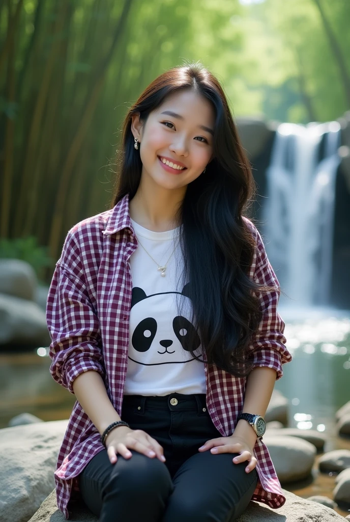 Beautiful Korean girl with smooth white skin, well-groomed face, thin smile long black hair tassel,purple, white checkered ruby red shirt , white panda pattern t-shirt,black cropped pants,Lots of pockets. Cool watch, Posing sitting on a rock beside a very beautiful and exotic waterfall, under the waterfall the river looks calm, stones in the water , On the banks of the river there are small, very beautiful flowers. The flowers look real., green bamboo forest background, sunlight penetrates through the gaps in the bamboo trees, original photo,HD,