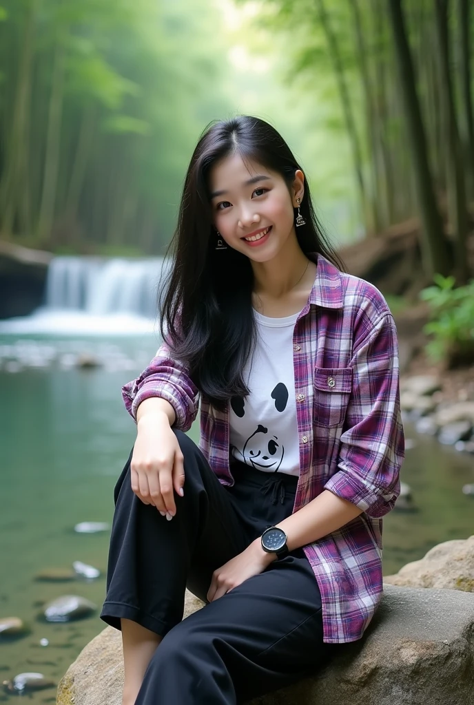 Beautiful Korean girl with smooth white skin, well-groomed face, thin smile long black hair tassel,purple, white checkered ruby red shirt , white panda pattern t-shirt,black cropped pants,Lots of pockets. Cool watch, Posing sitting on a rock beside a very beautiful and exotic waterfall, under the waterfall the river looks calm, stones in the water , On the banks of the river there are small, very beautiful flowers. The flowers look real., green bamboo forest background, sunlight penetrates through the gaps in the bamboo trees, original photo,HD,