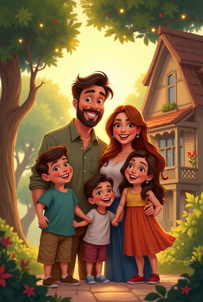 Use the man in the inspiration image, insert a woman into the scene, his wife and 3 children, everyone smiling like a happy family, use a house and trees as a background, create image in Disney character style