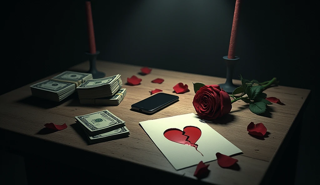 Create an image with a dark environment, a table and a lamp, with lots of money bills, a cell phone with a notification, a handwritten letter with a broken heart and a rose with petals on the side