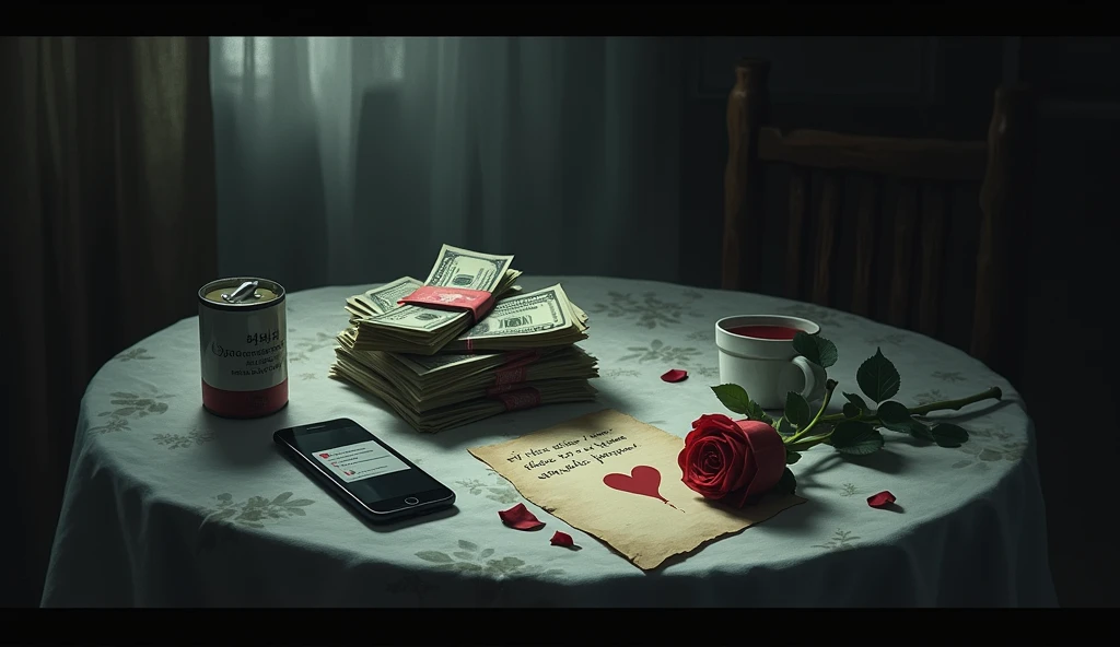 Create an image with a dark environment, a table and a lamp, with lots of money bills, a cell phone with a notification, a handwritten letter with a broken heart and a rose with petals on the side