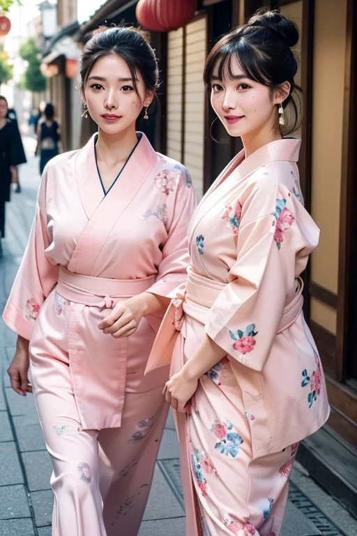 (Two pure Japanese girls,), (Small breasts:1.5,),(alone,,Textured skin, Detailed skin,Detailed face,Detailed eyes,detailed posing,Natural eyebrows,Sparkling eyes,Attention to detail, Highest quality, Very detailed, Surrealism, ,8k,RAW Photos,Photographicism,Professional Lighting,Ray Tracing,Portrait Photography,Soft Light),((Black Hair, Natural Makeup,Simple Earrings, Bun Hair,smile)),(((Pink floral kimono,Walking around the old town,Eating around,Chest girth, Don't lose your clothes)))