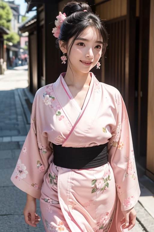 (Two pure Japanese girls,), (Small breasts:1.5,),(alone,,Textured skin, Detailed skin,Detailed face,Detailed eyes,detailed posing,Natural eyebrows,Sparkling eyes,Attention to detail, Highest quality, Very detailed, Surrealism, ,8k,RAW Photos,Photographicism,Professional Lighting,Ray Tracing,Portrait Photography,Soft Light),((Black Hair, Natural Makeup,Simple Earrings, Bun Hair,smile)),(((Pink floral kimono,Walking around the old town,Eating around,Chest girth, Don't lose your clothes)))