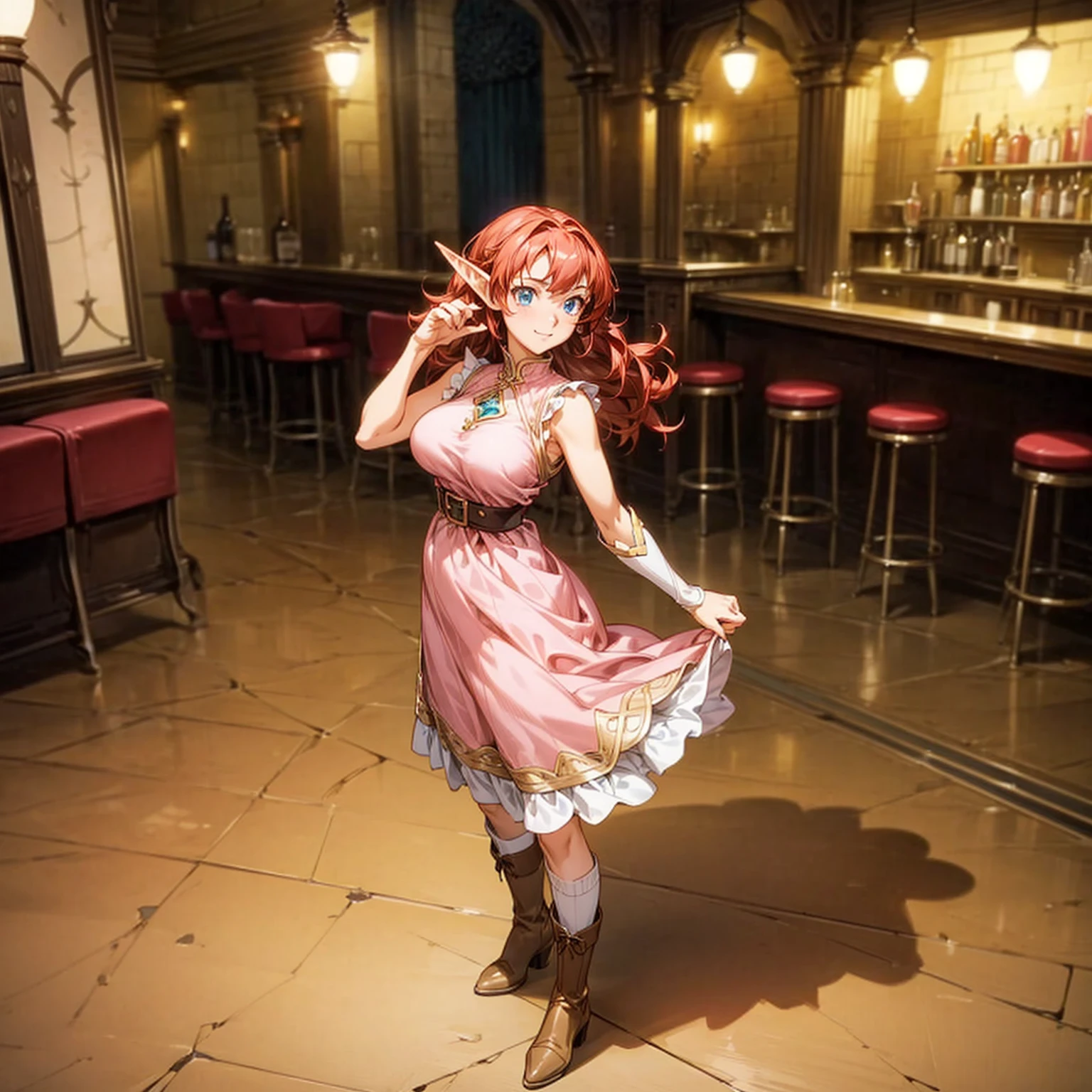 Solo character, full body version, girl, big breast, (elf), blue eyes, red color hair, long Curly hair, sleeveless dress, sexy dress, pink dress boots, indoor, bar, town, medieval, standing gesture, detailed background, detailed clothing, detailed hair, (Makoto shinkai style art), happy eyes 