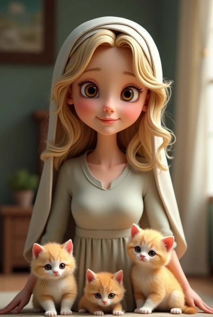 Here is an improved version:
A 3D family mother, cheerful looking, with medium hair, wavy and blond. Your skin is clear, and she wears a long, modest dress in soft tones, that reflect your religious nature and harmonize with your skin. Although his face displays an expression of weariness, there is a serene joy in your gaze. Around her, kittens play.