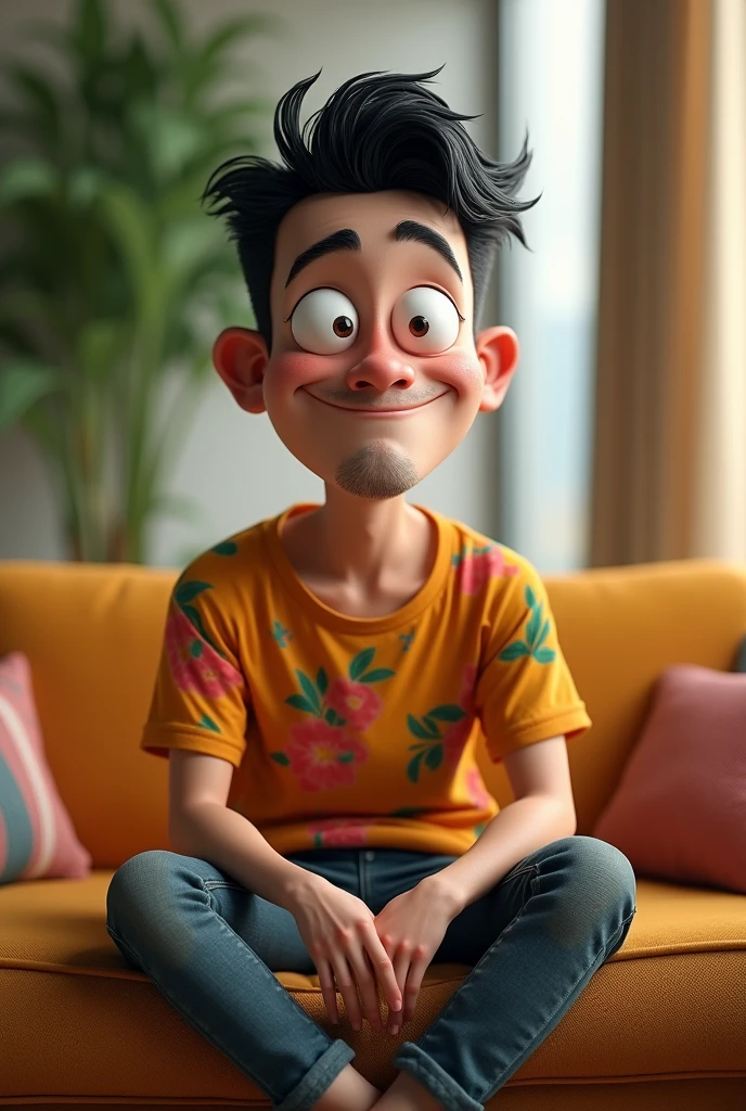 Caricatur, animation, 3D, CGI young man shorty black messy haircut, wear colorful t-shirt, long pant clothes, sit down with crossed legs in couch, natural, eyes bulged, award winning photography, real hyper realistic, real human, UHD 8k, detailed photo, perfect face, detailed places, full body, photo was taken from above on roof in the livingroom wall