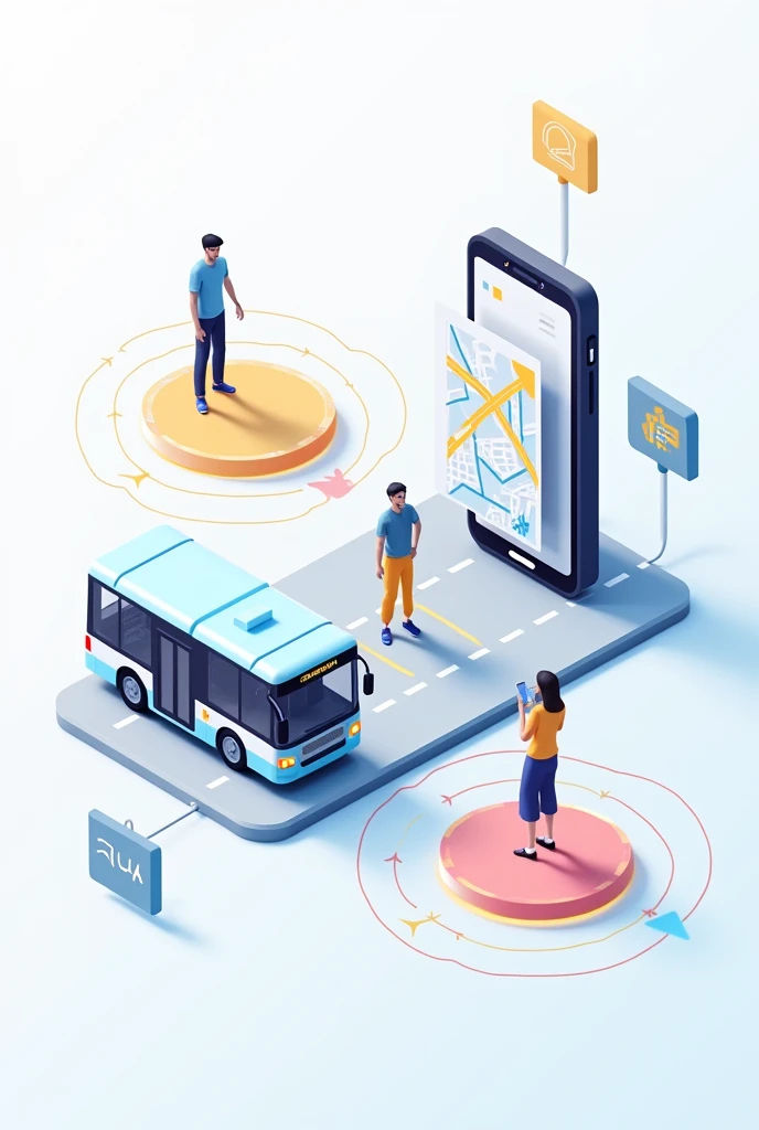 Icons representing buses, mappa, e smartphone.