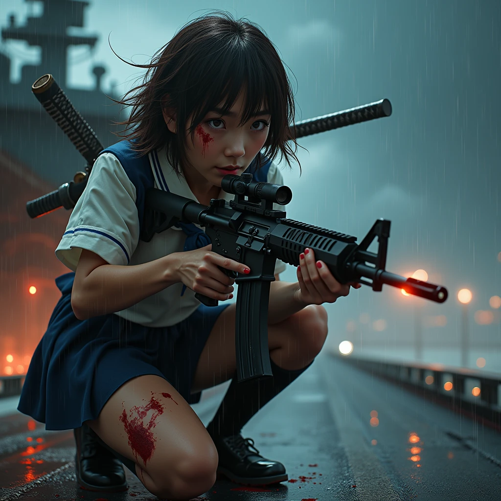 Browsing Caution:-2, Photorealistic, Highly realistic photos, (Highest quality:1.37), 32K resolution, (Realistic:1.37), (Ultra-realistic:1.37), High resolution UHD, Realistic, crouching:1.37, Beautiful Army, (Has an assault rifle:1.37), (Point the assault rifle at the enemy:1.37), Anatomically correct5Finger, Front view:1.5, Close your lips, Wet clothes:1.37, Wet Skin:1.37, Wet Hair:1.37, Dark red blood flows from the body:1.37, Portrait of a Japan woman:1.21, School uniforms, Sailor uniforms from famous Tokyo Metropolitan High Schools, Short sleeve clothing, Short-sleeved sailor uniform:1.21, sera fuku:1.21, The upper body is wearing a uniform:1.21, Navy blue micro skirt, With a Japanese sword on his back;1.21, Brown Hair, Straight Long Hair, Beautiful hair blowing in the wind, On the deck of an aircraft carrier at night, At night, (With the bridge in the background:1.21), (Helicopter ship:1.21), Pouring rain:1.6, In the storm at night:1.5, In a storm:1.5, Shining tracer bullets, cigarette, haze, inflammation, Sparks fly, be attacked by the enemy:1.21, Justice, Responsibility, Students in the 1970s, Cute Japanese woman's face:1.21, Sharp eyebrows:1.37, Active photos, Retro Photography, Dynamic and cinematic lighting,