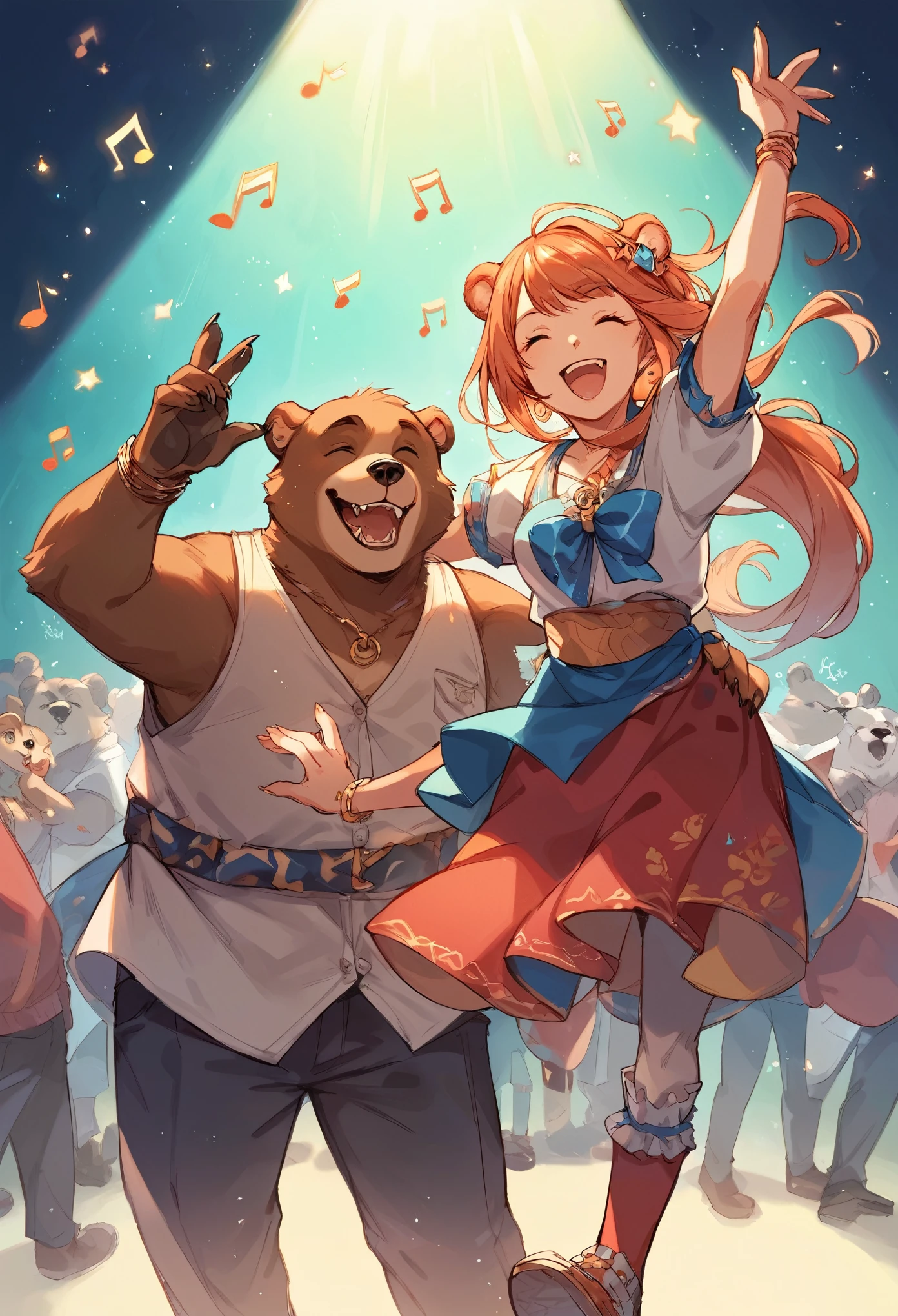 rating_safe, score_9, score_8_up, score_7_up, score_6_up, score_5_up, score_4_up, hires, source_furry(super cute 1girl, bear, pair)singing, dancing, waltz, boys, girls, good lighting,