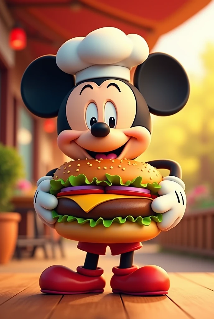 Sure! Here’s the prompt in English:

"Create a cartoon-style mascot for a hamburger restaurant. The character should be friendly and cheerful, with rounded shapes and expressive, happy features. Use a vibrant color palette, including shades of red, yellow, and brown. The mascot could be a hamburger chef or an animated ingredient with a big smile. The style should be similar to Mickey Mouse, with a modern and appealing touch for a broad audience."
