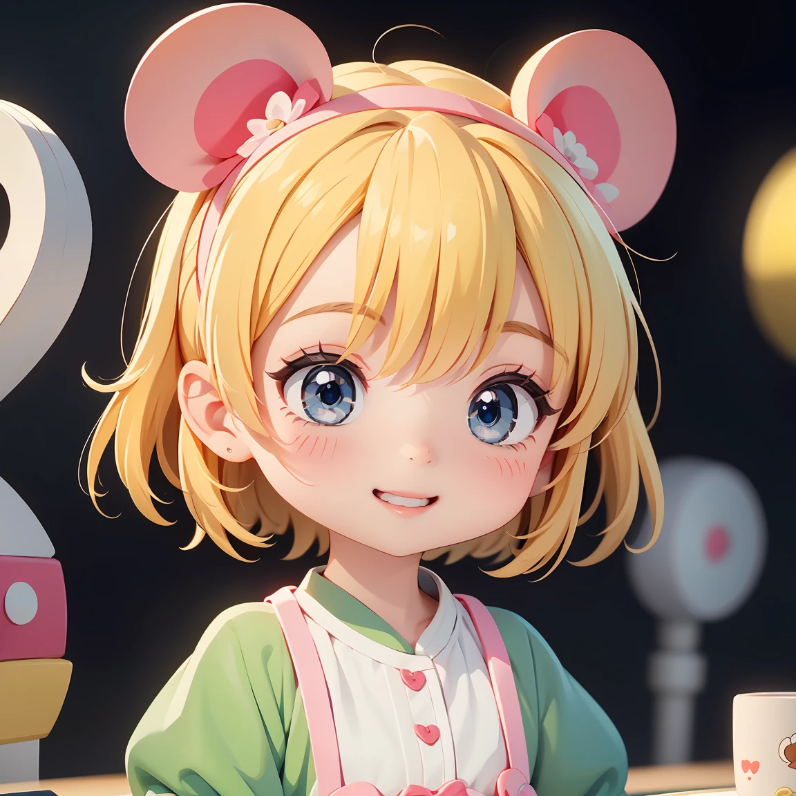Super Chibi Character:1.8、Blonde Hair、Cute girl、Cute Costumes、Super Chibi Character:1.8、Super Smile、Wearing a Mickey Mouse ears headband