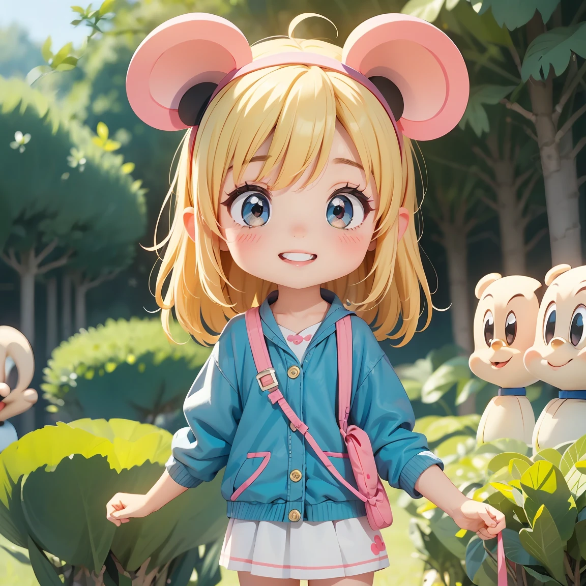 Super Chibi Character:1.8、Blonde Hair、Cute girl、Cute Costumes、Super Chibi Character:1.8、Super Smile、Wearing a Mickey Mouse ears headband
