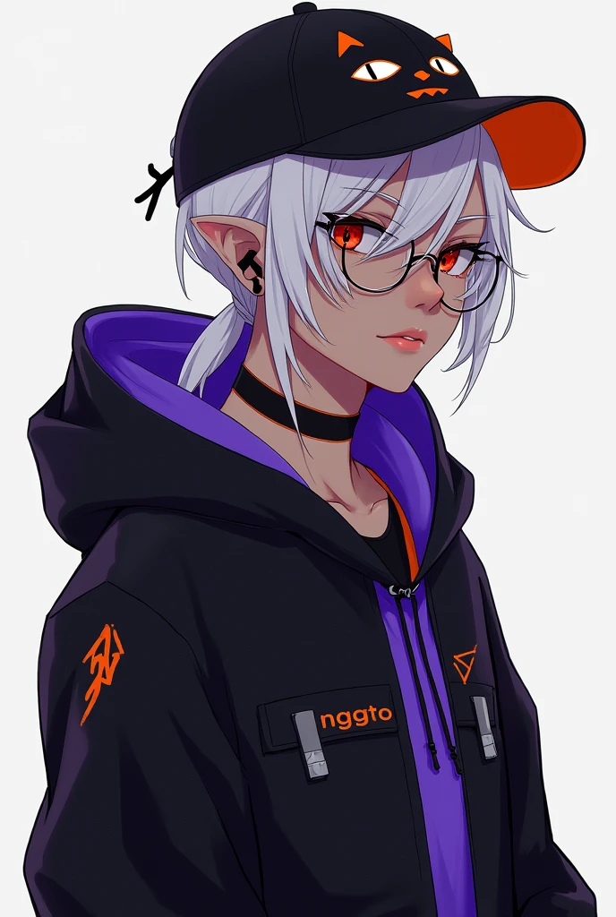 young man, Black skin tone, dark red eyes, elf ear small size, black earring in the shape of a cross but with two ears, wears prescription glasses, White hair, hair tied with ponytail, 2 strands of hair in the front, wears a black cap with a cat face, wears a closed hood with two different colors, black on one side and purple on the other, with an orange name written: NGGTO