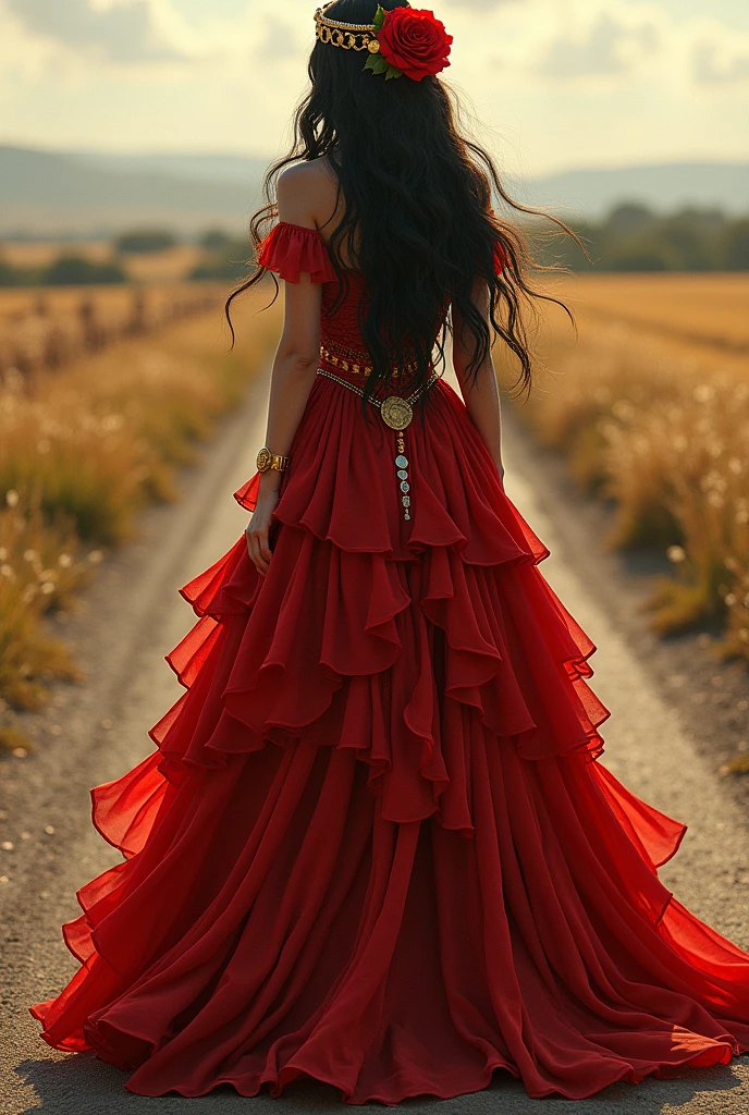 gypsy lady of the road, with the red dress, with a skirt full of ruffles and gold coins on the ends, a golden tiara on her head with a rose and long black hair
