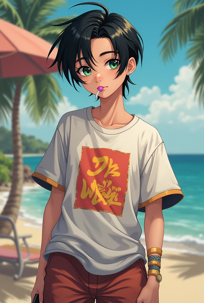 (Yan had black hair combed to the side, one of his eyes was green and the other was light brown.,he had a shirt of some rap band and beach shorts,a cell phone in hand and a lollipop in mouth)