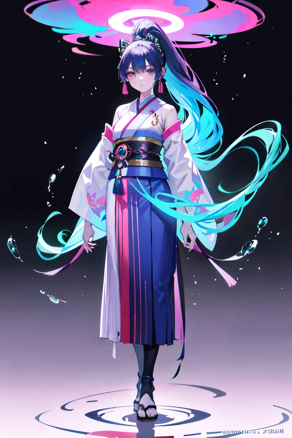 masterpiece, full body, long magenta ponytail hair, clean eyes, challenging samurai female standing side at view, wear turquoise kimono detailed, soft shadows, dim light, bioluminescent colors, simple dark background with lrim light bubbles floating