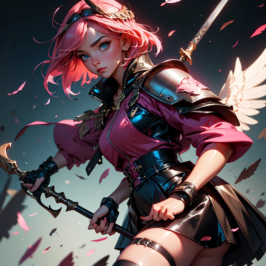 envision a 8k, highres, cinematic, beautiful close up portrait of a hawk woman with pretty mature features posing with a halberd with short pink hair, wings on head, a black shiny skirt, black tights, flight jacket, leather armor, magic effects in dark lighting, against a dark gray background