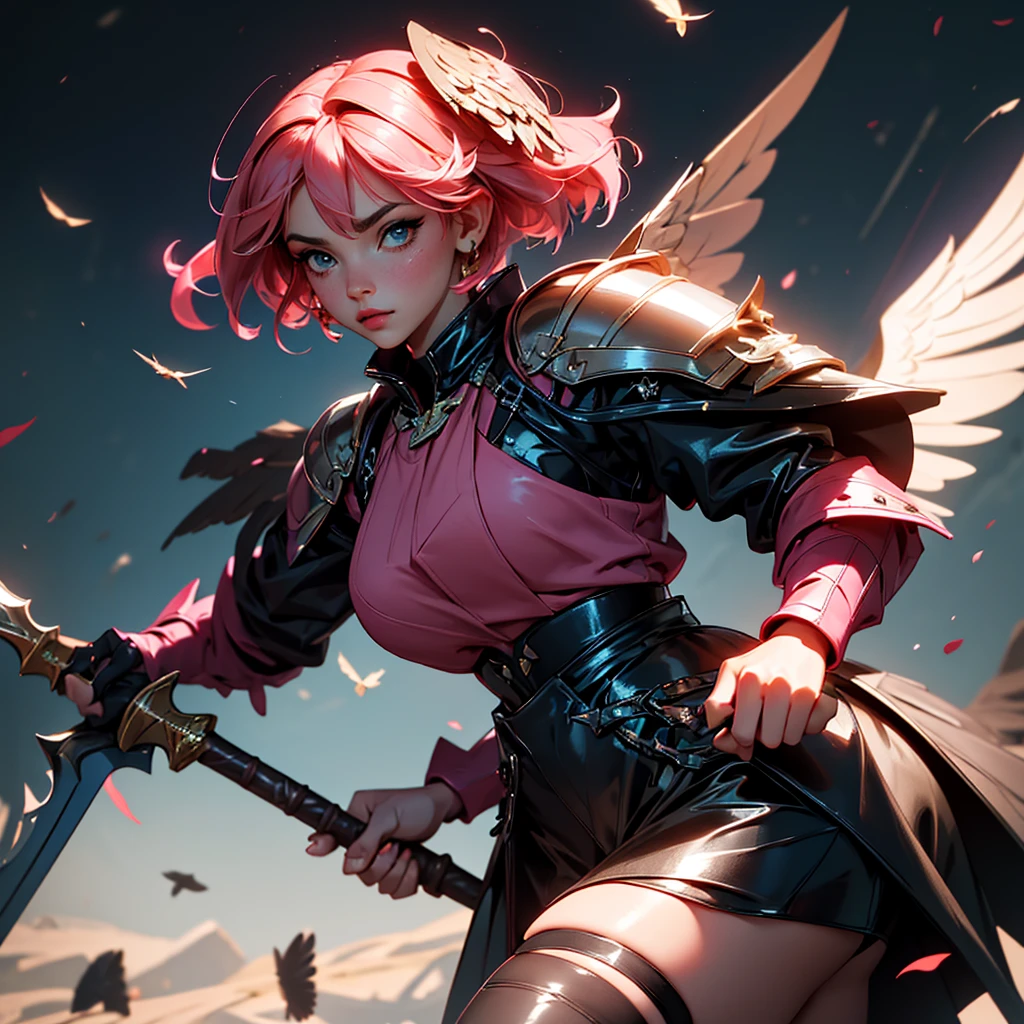 envision a 8k, highres, cinematic, beautiful close up portrait of a hawk woman with pretty mature features posing with a halberd with short pink hair, wings on head, a black shiny skirt, black tights, flight jacket, leather armor, magic effects in dark lighting, against a dark gray background