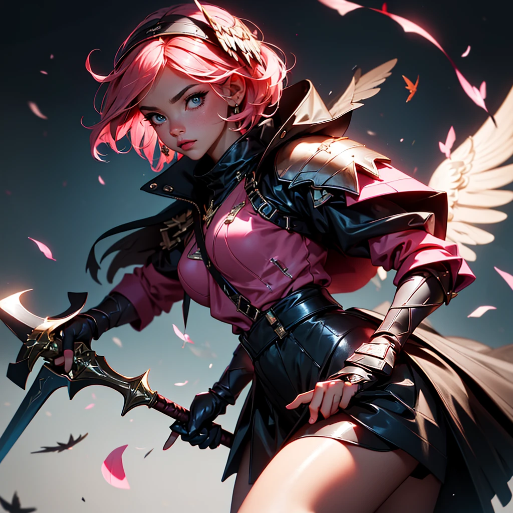 envision a 8k, highres, cinematic, beautiful close up portrait of a hawk woman with pretty mature features posing with a halberd with short pink hair, wings on head, a black shiny skirt, black tights, flight jacket, leather armor, magic effects in dark lighting, against a dark gray background