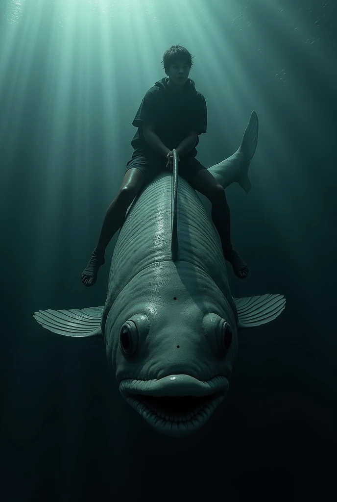 Draw a person riding a fish, underwater in a dark and chilling sea, the image must be in first person