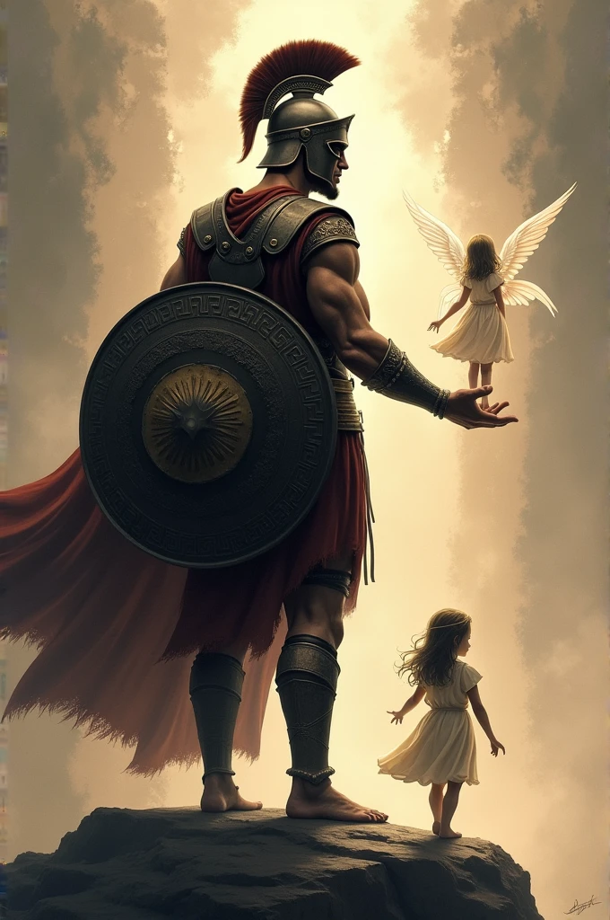 Create a drawing in honor of my father and daughter who died. I need a drawing where there is a Spartan warrior facing away with a shield in his hand and the other holding a flying angel. This is for a tattoo