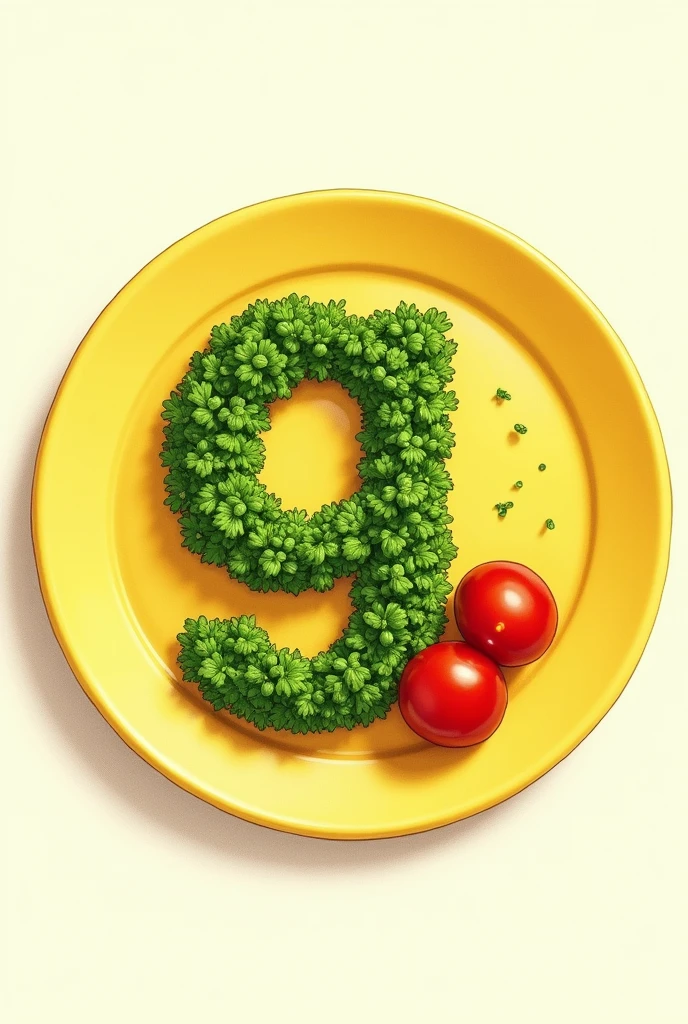 drawing of a yellow plate, on the plate some coriander in the shape of the capital letter G and about 4 cherry tomatoes next to the letter