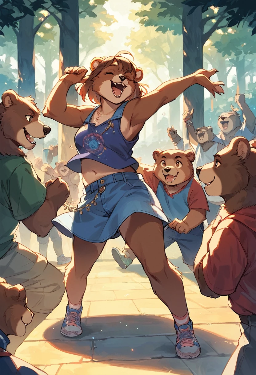 rating_safe, score_9, score_8_up, score_7_up, score_6_up, score_5_up, score_4_up, hires, source_furry(super cute 1girl, bear, pair)singing, dancing, waltz, boys, girls, forest, good lighting,