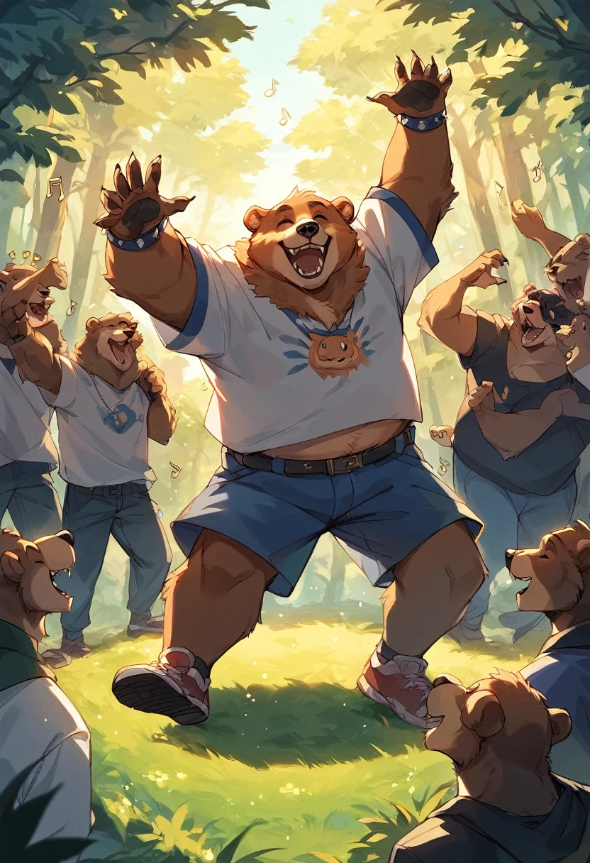 rating_safe, score_9, score_8_up, score_7_up, score_6_up, score_5_up, score_4_up, hires, source_furry(super cute 1girl, bear, pair)singing, dancing, waltz, boys, girls, forest, good lighting,