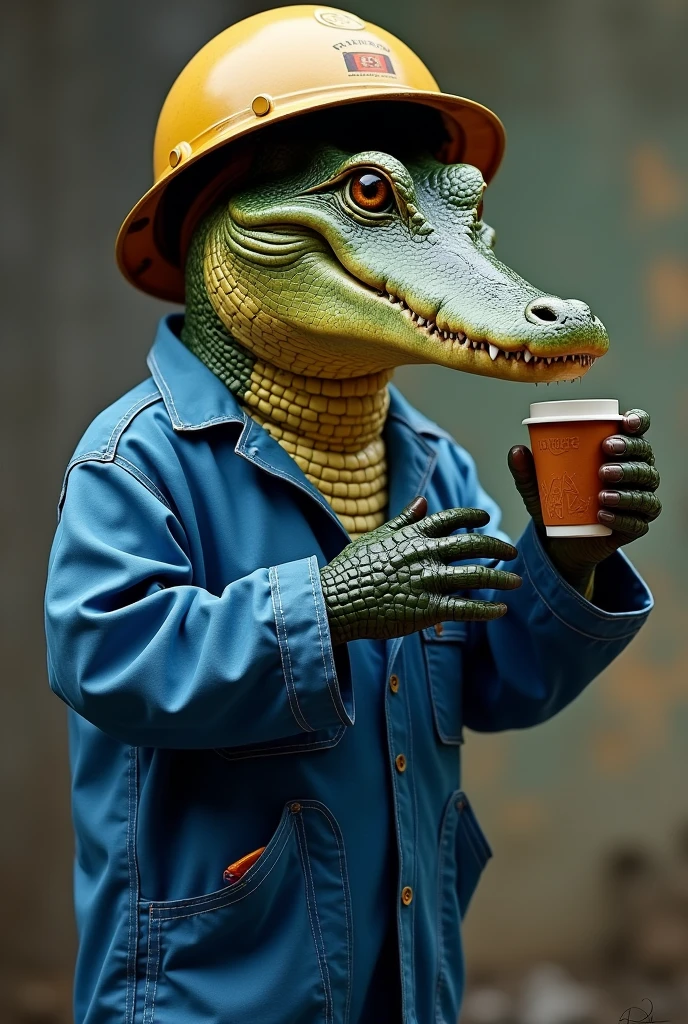 Yacare with blue worker's clothes and helmet drinking mate