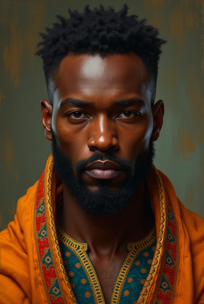 Draw a Brown Skinned Man,
, with African features and clothing, striking eyes,