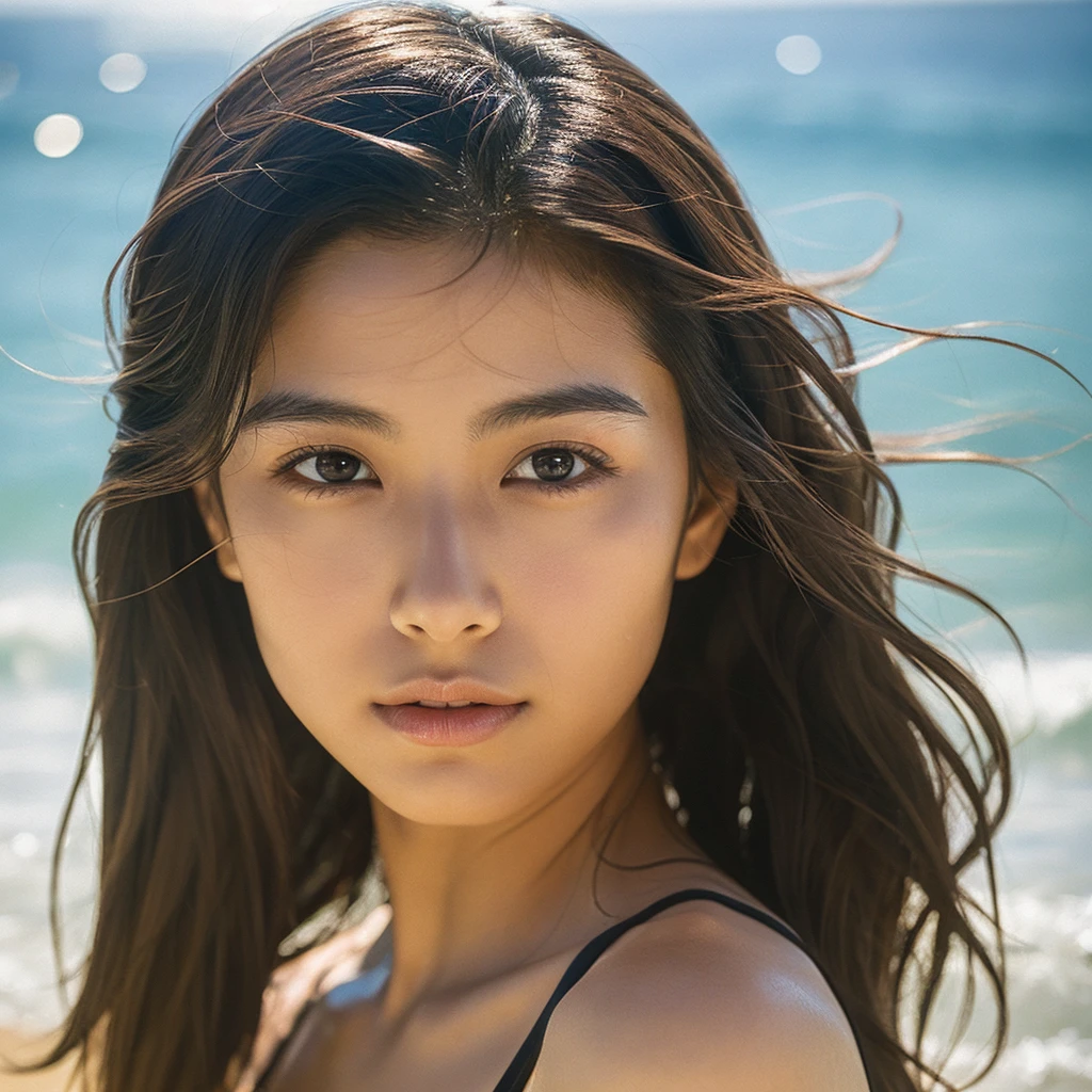 A hyper-realistic image of a single Japanese woman in her early 20s, captured with the nostalgic warmth and pronounced graininess of a film camera, showing her from the shoulders up as she stands on a sunlit beach. Her skin has a warm beige tone with a natural, visibly rough texture that includes pronounced pores, fine lines, and subtle imperfections such as small blemishes, slight unevenness, and a hint of sun exposure, contributing to the authenticity of her appearance. The texture of her skin is intentionally less smooth, with a tangible roughness that enhances the realism, making the surface appear slightly weathered by the elements. The soft, diffused natural light illuminates her face and shoulders with a gentle touch, casting shadows that subtly reveal the unevenness of her skin. Her straight, glossy black hair flows naturally in the ocean breeze, framing her face, and her deep brown eyes reflect the soft sunlight and the shimmering sea. The film camera effect amplifies the grain and texture, creating a warm, nostalgic atmosphere while maintaining the deliberately rougher, less polished texture of her skin. The composition, focused on her upper body, captures the serene elegance of the beach setting, highlighting the natural interaction of light and shadow on her skin. This combination of a rough, realistic skin texture, soft natural light, and the grainy film-like qualities ensures that the image presents an authentic, lifelike portrayal of the woman, centered on her face and shoulders.