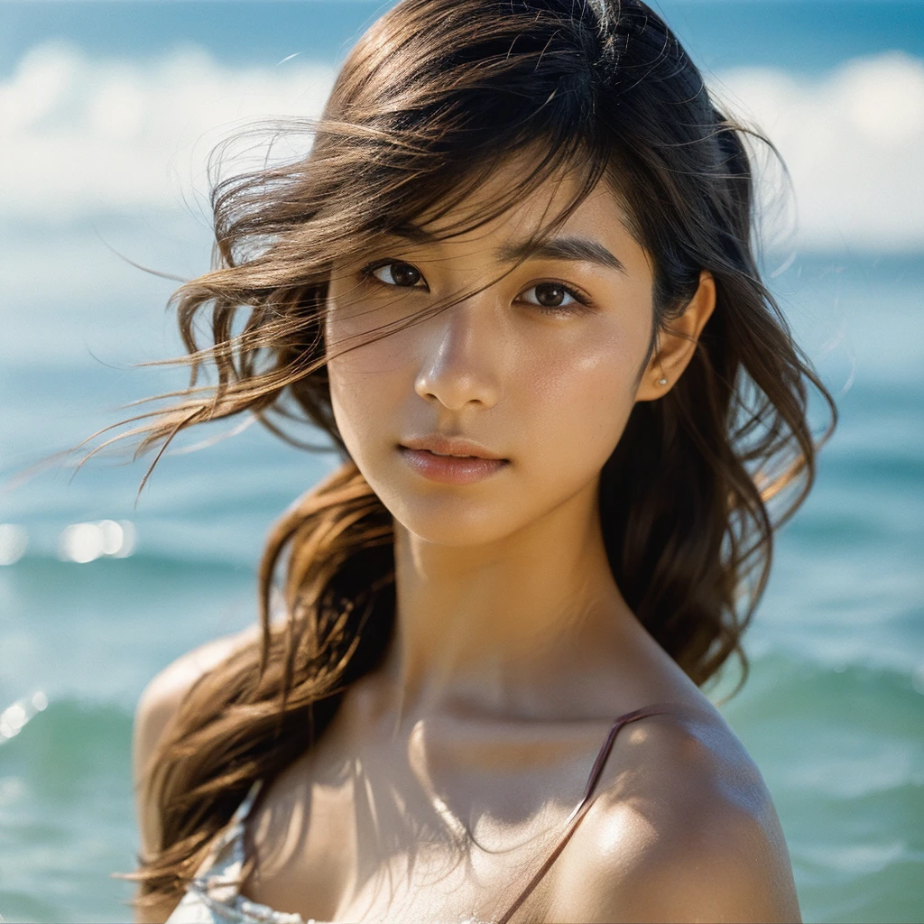 A hyper-realistic image of a single Japanese woman in her early 20s, captured with the nostalgic warmth and pronounced graininess of a film camera, showing her from the shoulders up as she stands on a sunlit beach. Her skin has a warm beige tone with a natural, visibly rough texture that includes pronounced pores, fine lines, and subtle imperfections such as small blemishes, slight unevenness, and a hint of sun exposure, contributing to the authenticity of her appearance. The texture of her skin is intentionally less smooth, with a tangible roughness that enhances the realism, making the surface appear slightly weathered by the elements. The soft, diffused natural light illuminates her face and shoulders with a gentle touch, casting shadows that subtly reveal the unevenness of her skin. Her straight, glossy black hair flows naturally in the ocean breeze, framing her face, and her deep brown eyes reflect the soft sunlight and the shimmering sea. The film camera effect amplifies the grain and texture, creating a warm, nostalgic atmosphere while maintaining the deliberately rougher, less polished texture of her skin. The composition, focused on her upper body, captures the serene elegance of the beach setting, highlighting the natural interaction of light and shadow on her skin. This combination of a rough, realistic skin texture, soft natural light, and the grainy film-like qualities ensures that the image presents an authentic, lifelike portrayal of the woman, centered on her face and shoulders.