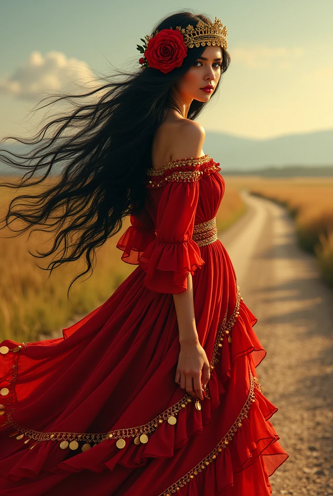 gypsy lady of the road, with the red dress, with a skirt full of ruffles and gold coins on the ends, a golden tiara on her head with a rose and long black hair