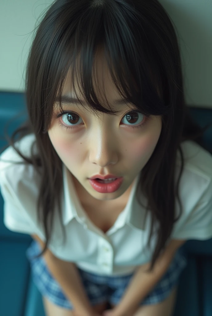 NSFW, (This is an image from the male viewer's point of view, as if the male viewer is having standing sex with a high school girl on a train, pressing her against the wall behind him:1.3), 1 Landmine-type makeup gal, hetero, Gape mouth, Panty shot fetish images, (((Shibuya JK uniform style))), (((POV breast grab standing sex))), ((POV directly overhead above view standing on a train having standing upright sex with a girl a male viewer used both hands and lower abdomen pushing from front her hard against a train wall from directly above view:1.3)), directly above, super close Ecstasy face, Kissing Face, close up Ultra-detailed close-up of the inside of the mouth, photo realistic, 1girl, (Girl climaxing violently with her hair shaking:1.3), (ultra fine detailed half closed eyes, very erotic open mouth orgasming face), (((Masterpiece, Super realistic, fine details, Super Highest Quality, Very correct space setting, Super out-of-focus look))), young cute Asian girl, Japanese young KAWAII girl, For dark brown eyes, (((half down two side up pig tale hair style))), (blown ash highlight hair color:1.4), gals eye make-up, False eyelashes, glossy white lips, beautiful face, (dark brown eyes), (largish tear troughs), (very thick glossy white lip skin fang:1.3), (largish and glossy white lips:1.3), (super skinny blonde eyebrows:0.4), Skinny facial contours, ultra fine detailed eyes, open mouth, eyes half-closed, Girl looks down at her pussy, Expression of sexual ecstasy, ((White school open collar square tail hemmed shirt, Skirt inside the hem of the blue plaid pleated micro miniskirt thin look)), She straddles the POV male viewer's body and crawls around on it. your hands, crawls around on your hands,