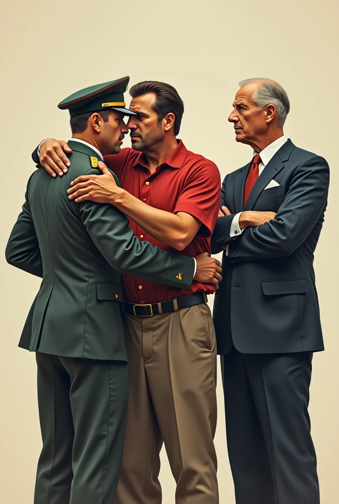 Soviet Union man hugging a Cuban man, while a man dressed as a United Statesman just looks on with his arms crossed.