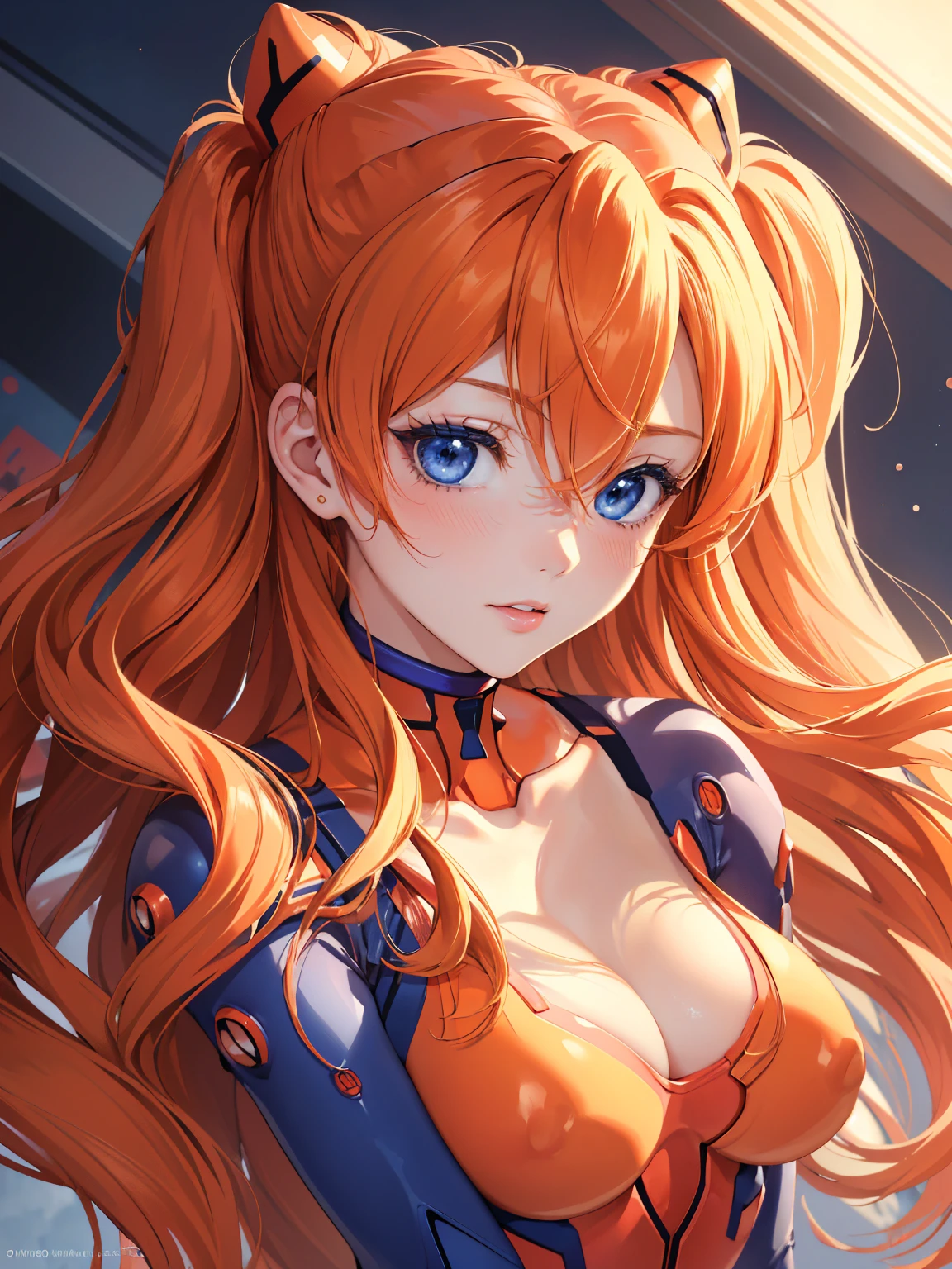 (tmasterpiece, quality, Best quality at best, offcial art, Beautiful and beautiful, portrait, face portrait, close up, Soryu Asuka Langley, Long orange hair,Shin Evangelion,tightsuit, perfect breasts, cleavage, big blue eyes, ulzzang, beautiful detailed eyes,