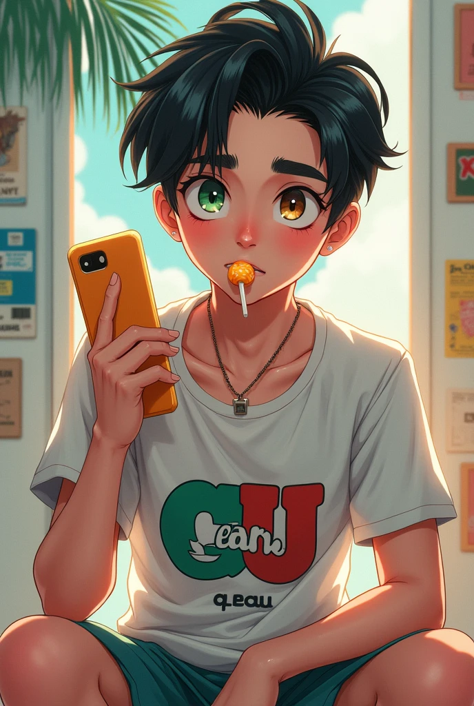 (Yan had black hair combed to the side, one of his eyes was green and the other was light brown.,he had a shirt of some rap band and beach shorts,a cell phone in hand and a lollipop in mouth)