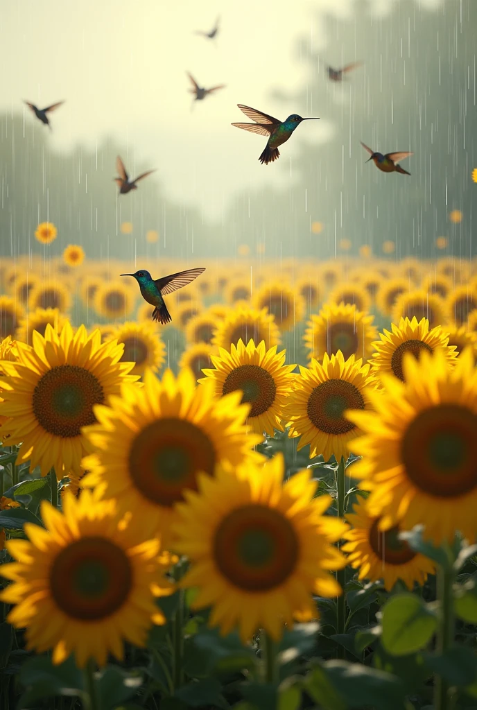 Field of sunflowers on a rainy day with hummingbirds flying over them