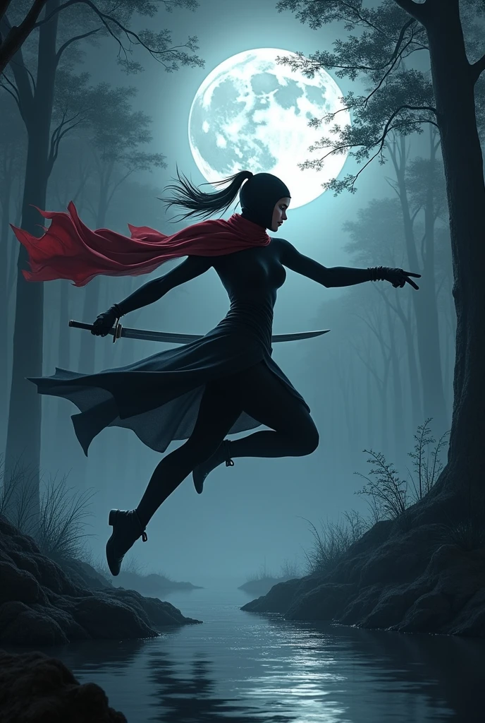 A shadowy female figure dressed in a sleek, all-black ninja-inspired outfit, with a flowing red scarf trailing behind her. She is captured mid-air, performing an elegant and powerful leap under the silvery glow of a full moon. The stark contrast between the darkness of the night and the moonlit landscape creates a dramatic scene. Her eyes are sharp and focused, reflecting the cold determination of a seasoned assassin on a mission. The moon casts a soft, ethereal light on her lithe form, highlighting her muscular physique and the deadly blade gripped in her hand. The surrounding environment is a blend of tall, ancient trees with gnarled branches that reach up like skeletal fingers and a dense fog that clings to the ground, adding an aura of mystery and danger. The leaves on the trees shiver slightly in the breeze, and the moon's reflection dances on the surface of a nearby, still pond, creating ripples that hint at the disturbance in the serene environment. The figure seems to be in a clearing, with the moon directly above, as if spotlighting her for a brief moment. The overall composition suggests a moment of suspense, a split second before she strikes her unsuspecting target, hidden within the inky shadows beyond the frame. The scene is suffused with tension and the silent promise of swift, precise violence.