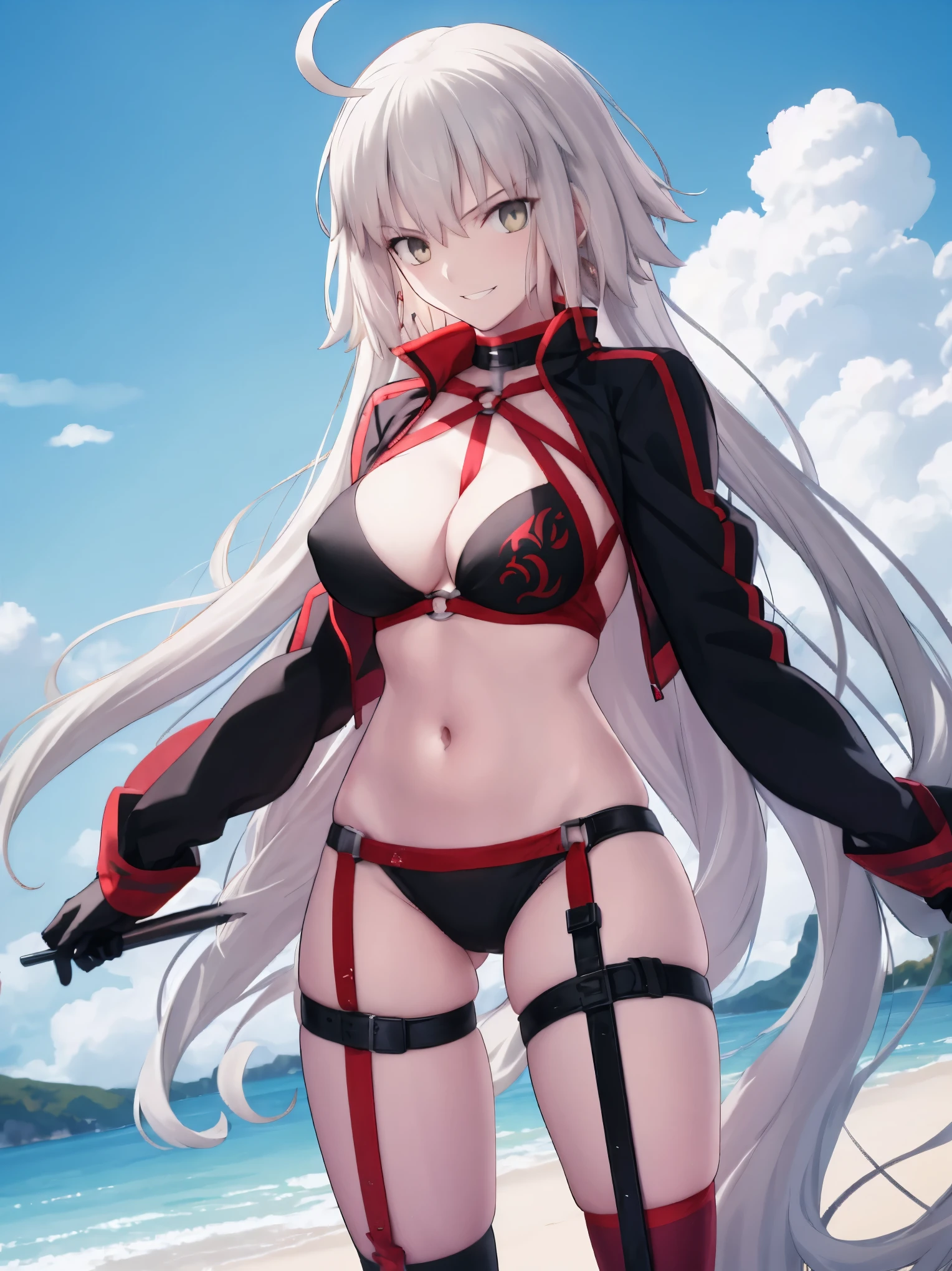 masterpiece, best quality, 1girl, , silver hair, ahoge, gold eyes, shaggy_long_hair,, gigantic_breasts, , blue sky_beach_landscape,covered_groin,covered_nipples,solo,young_,,open_legs,,crotch_armor,cowboy_shot,crotch, asymmetrical legwear, long hair, bikini, black bikini, black gloves, gloves, long sleeves, navel, o-ring, o-ring bikini, o-ring bottom, o-ring top, puffy long sleeves, puffy sleeves, red legwear, single thighhigh, swimsuit, thigh strap, thighhighs, uneven legwear,smile,grin,angry,glare,dynamic_standing,jeanne D'arc alter,